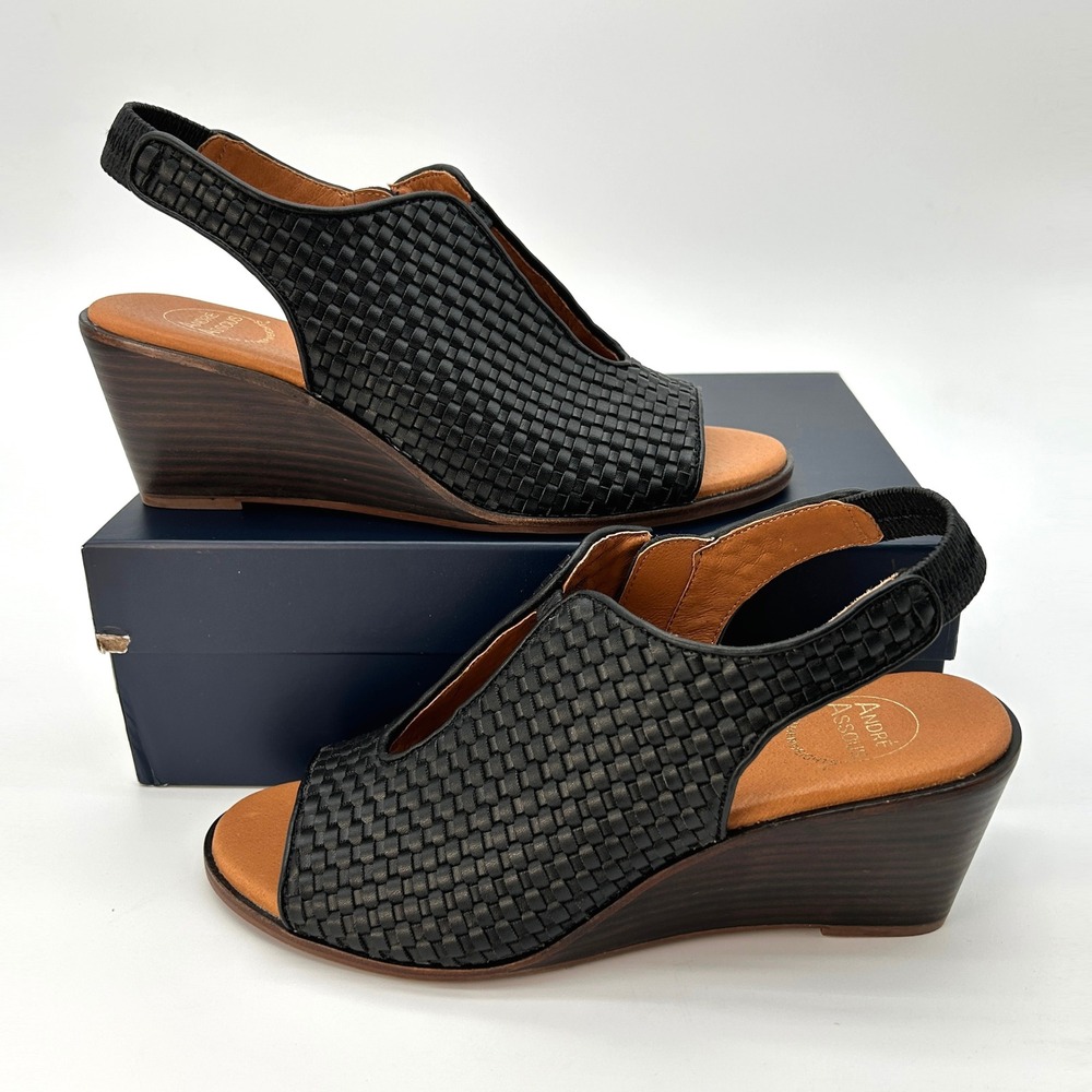Womens Wedge Sandals Andre Assous Belinda Size 8.5 Black Woven Slingback NEW